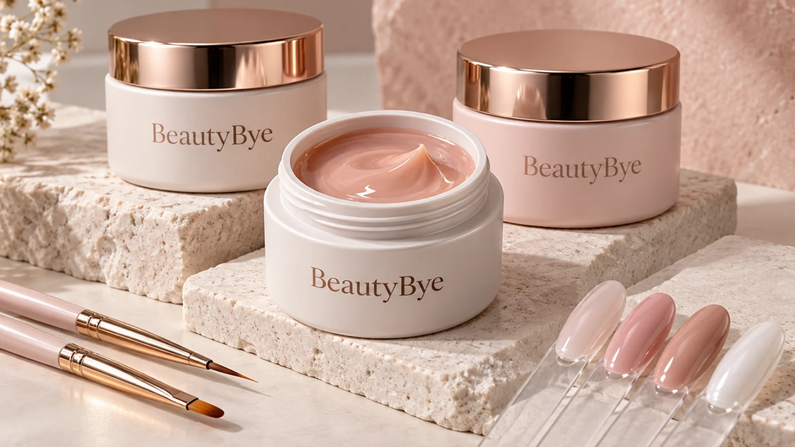 BeautyBye builder gel pots and nail brushes arranged on pale stone blocks