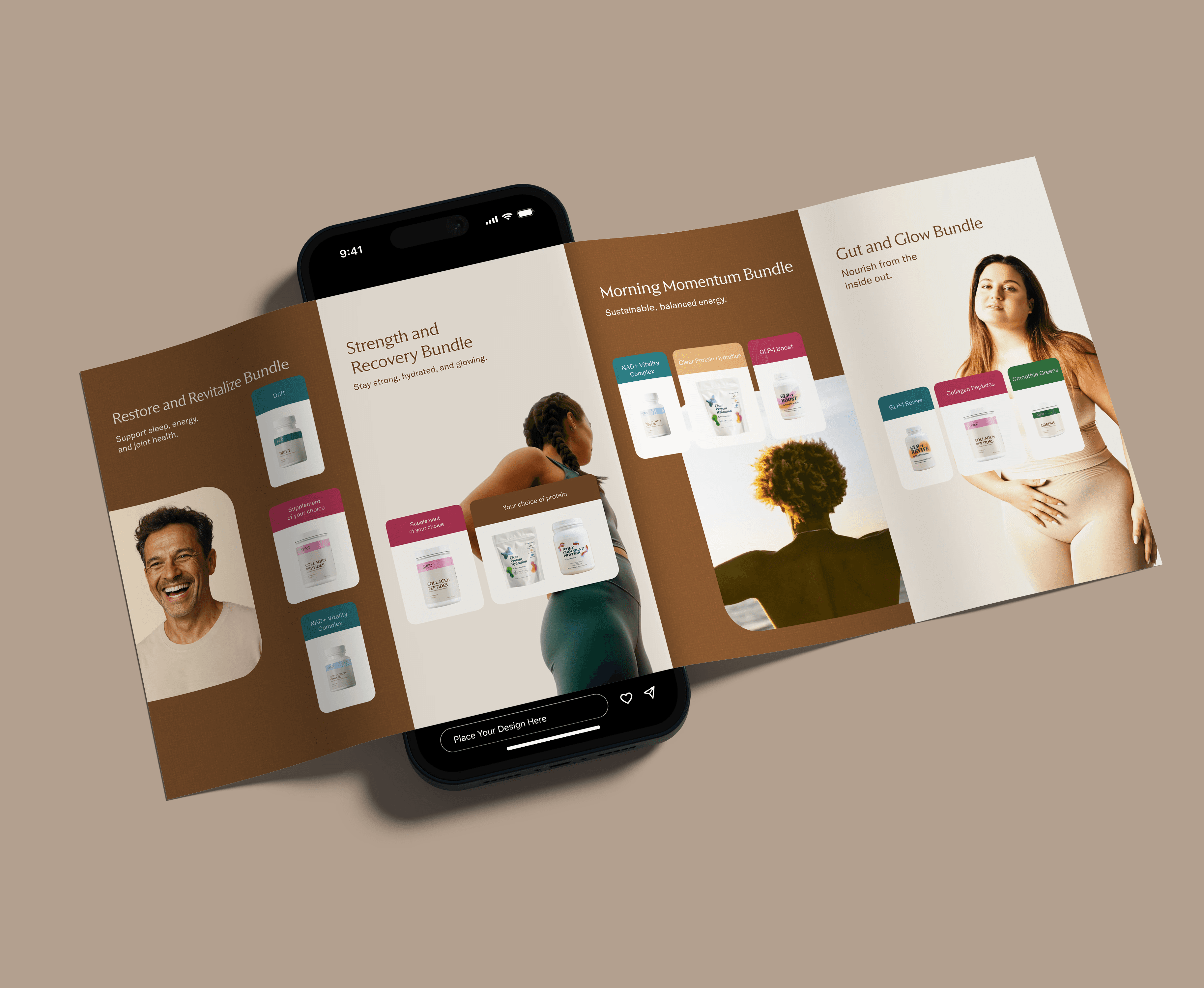 A smartphone displaying user profiles on a dating app, with photos and brief descriptions on tan background.