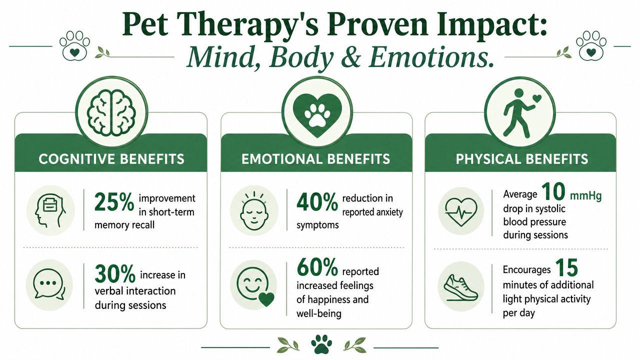 An infographic detailing the cognitive, emotional, and physical benefits of pet therapy on human health and well-being.