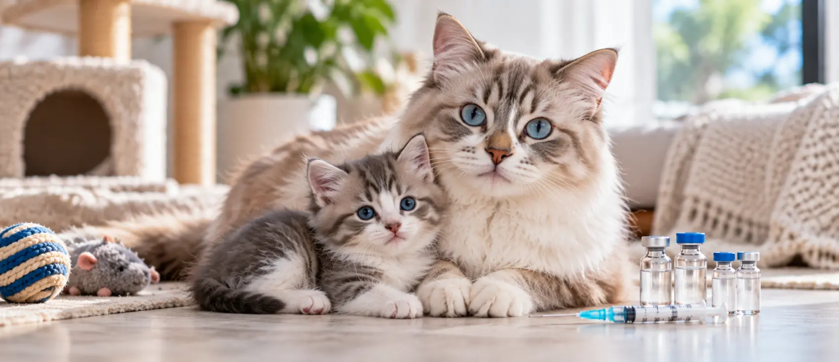 Adult cat and kitten lying together beside vaccine vials and a syringe.