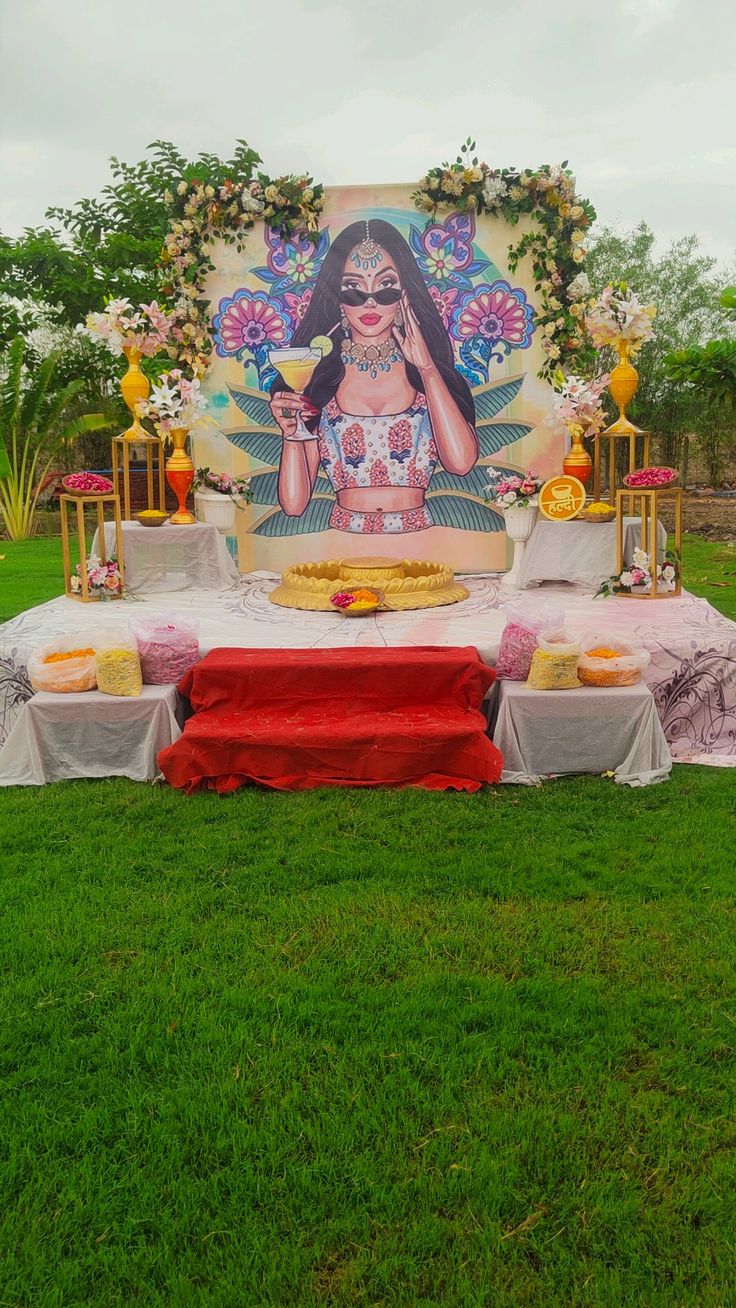 Haldi stage with quirky bride backdrop, real flowers & decorative props in Malviya Nagar, Rajouri Garden, Raj Nagar Extension