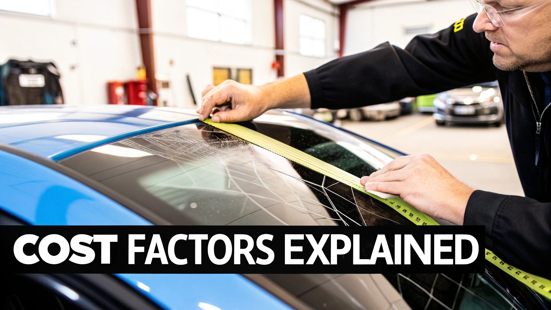 Technician inspecting a complex star-shaped crack on a modern car windshield
