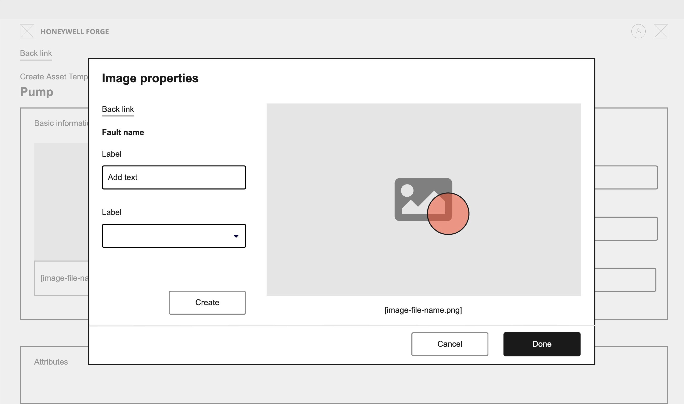 Wireframe of the Image properties modal with a form for a fault