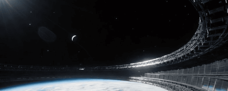 View along the curving truss of the Metatronium orbital ring habitat, with Earth's glowing horizon below against the black of space.