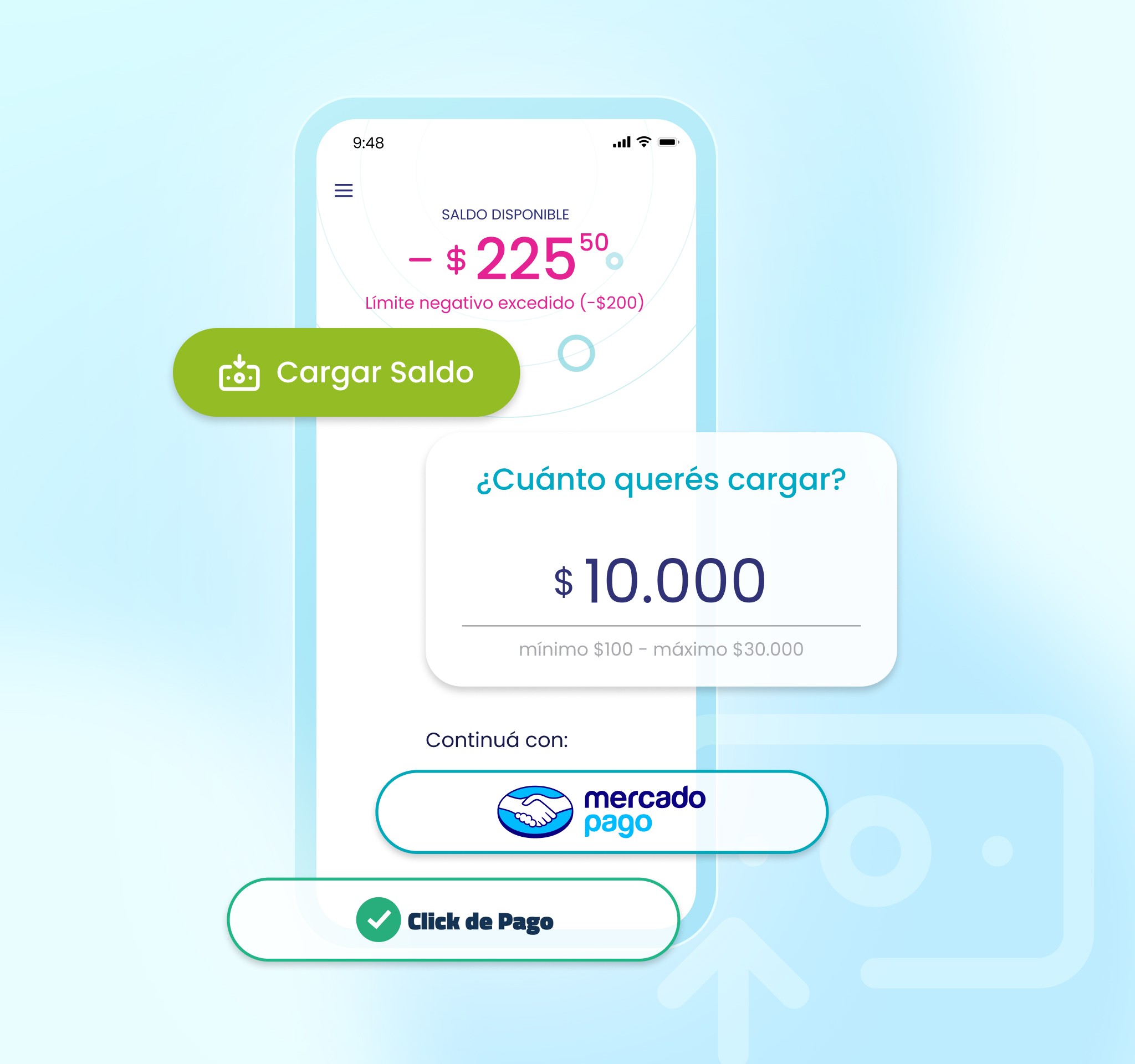 pantalla de carga de saldo en la aplicación con macro click de pago y mercado pago