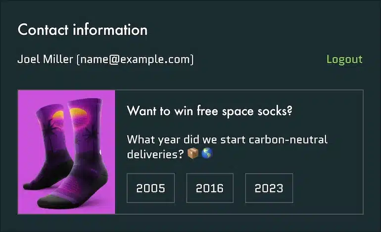 Shopify-Checkout mit Quizfrage zum Gewinn kostenloser Socken, Beispiel für ein einzigartiges Markenerlebnis