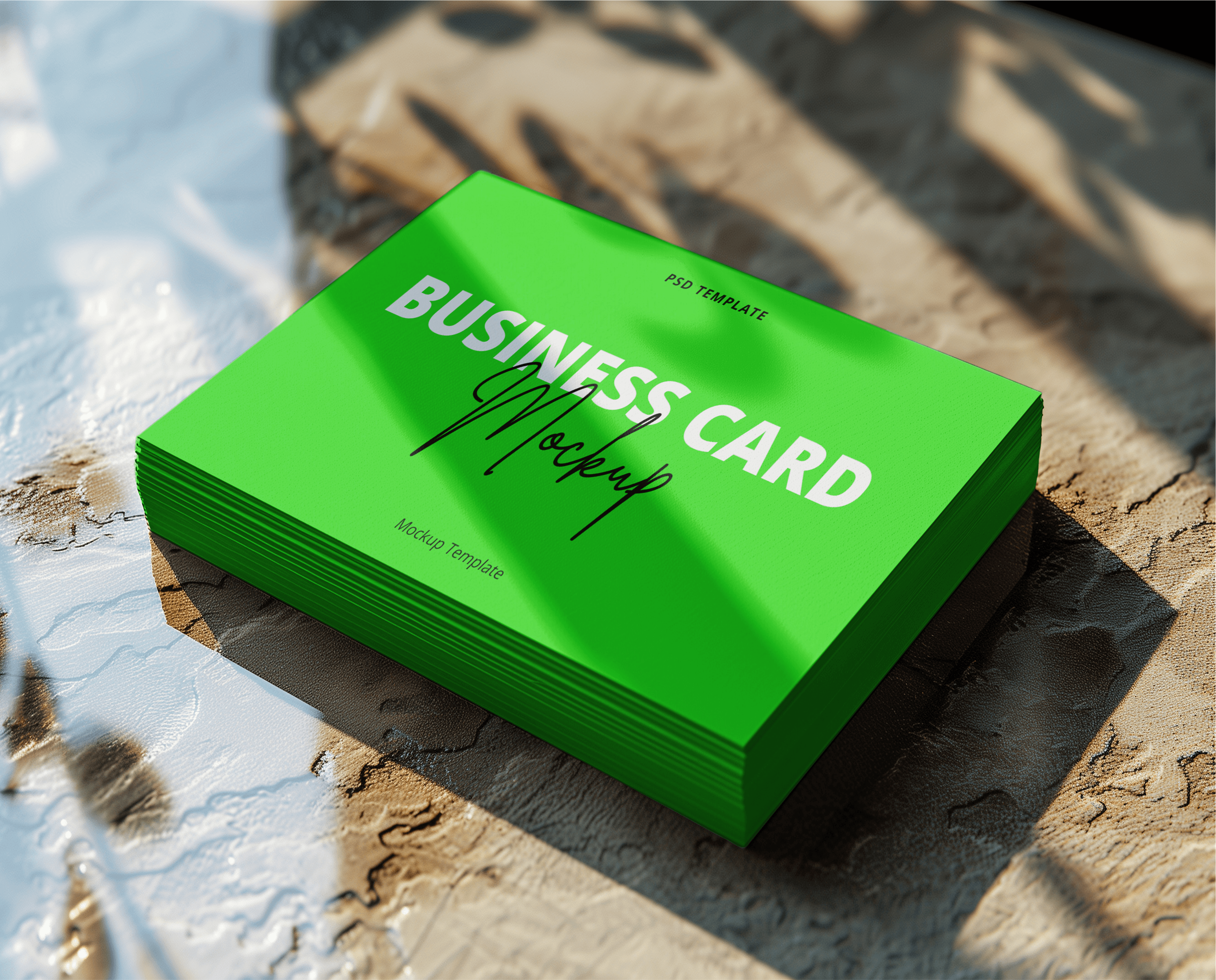 Minimalist 3D render of a green business card packaging box labeled "Business Card Mockup" placed on a neutral sandy texture with realistic sunlight and leaf shadows.