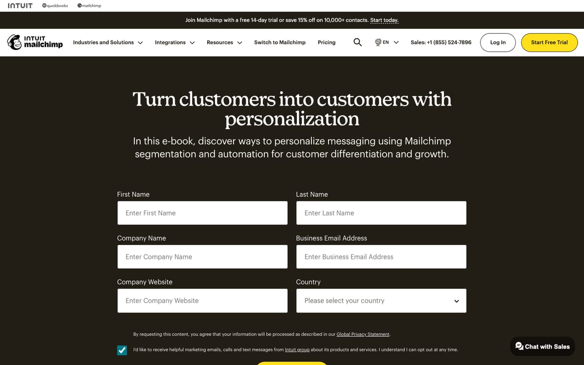 Mailchimp landing page for the personalization e-book