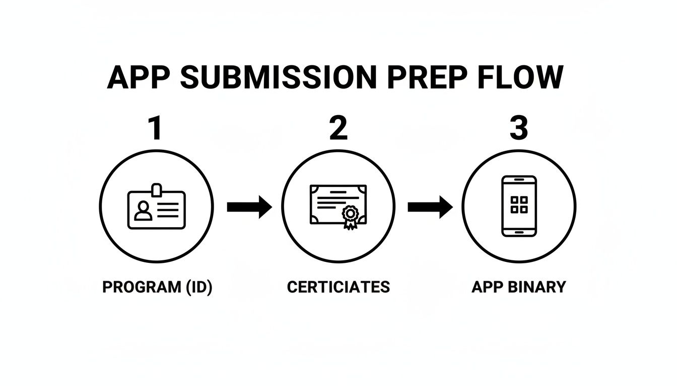 A three-step flow for app submission preparation, showing program ID, certificates, and app binary.