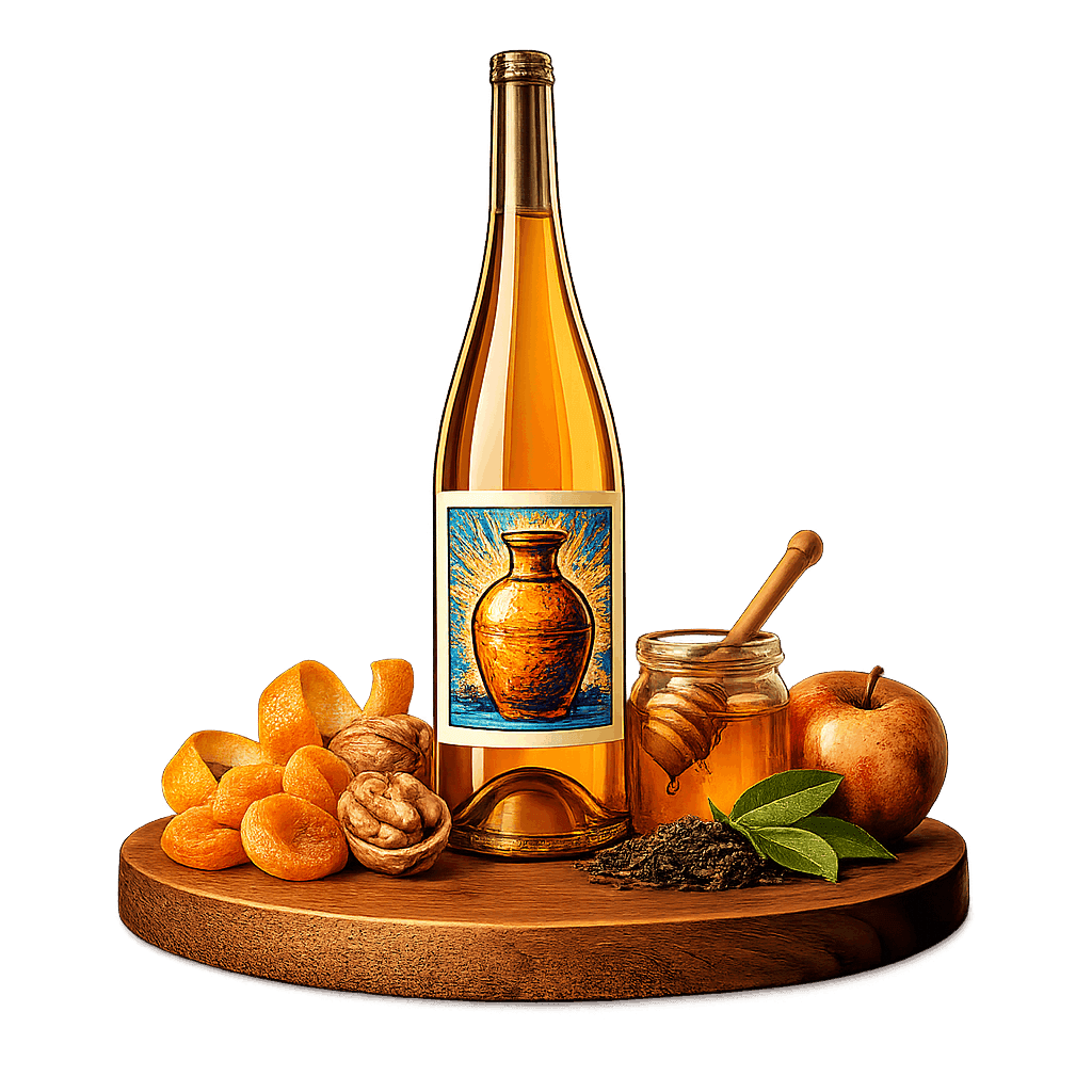 Artistic label and flavor profile for Kakheti Orange Qvevri Wine on a rustic wooden table.