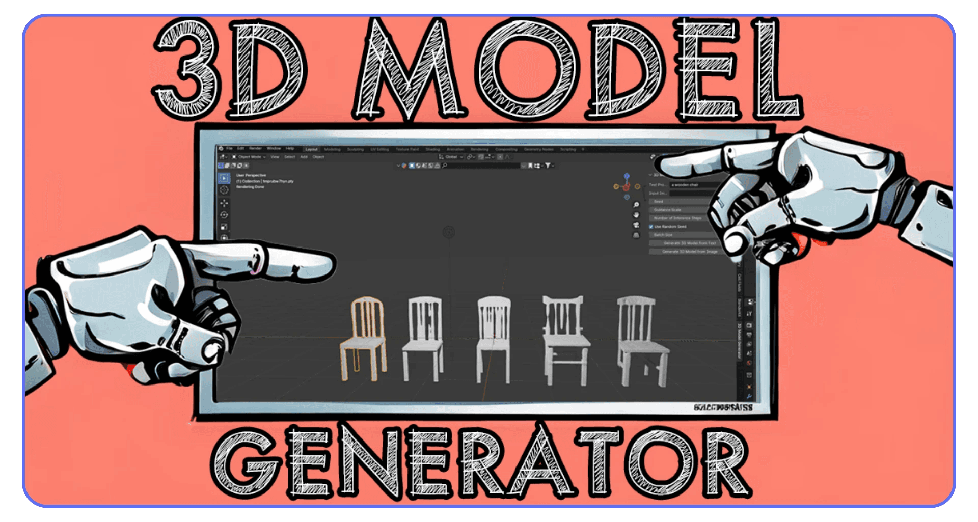 Illustration featuring robotic hands pointing at a Blender window displaying various 3D chair models, with large stylized text reading “3D Model Generator.”