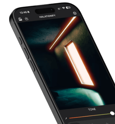 Render of halationify app on a dark iphone