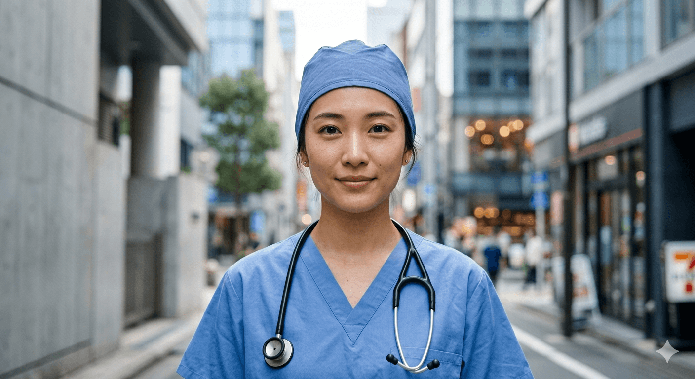 A young medical professional in blue scrubs and a matching cap stands confidently in an urban street. A stethoscope hangs around her neck.