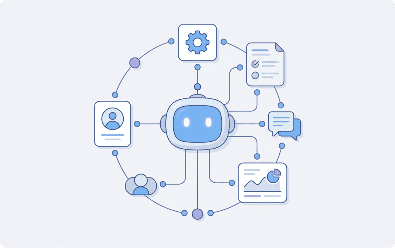  A robot is surrounded by various icons, symbolizing technology and digital communication.
