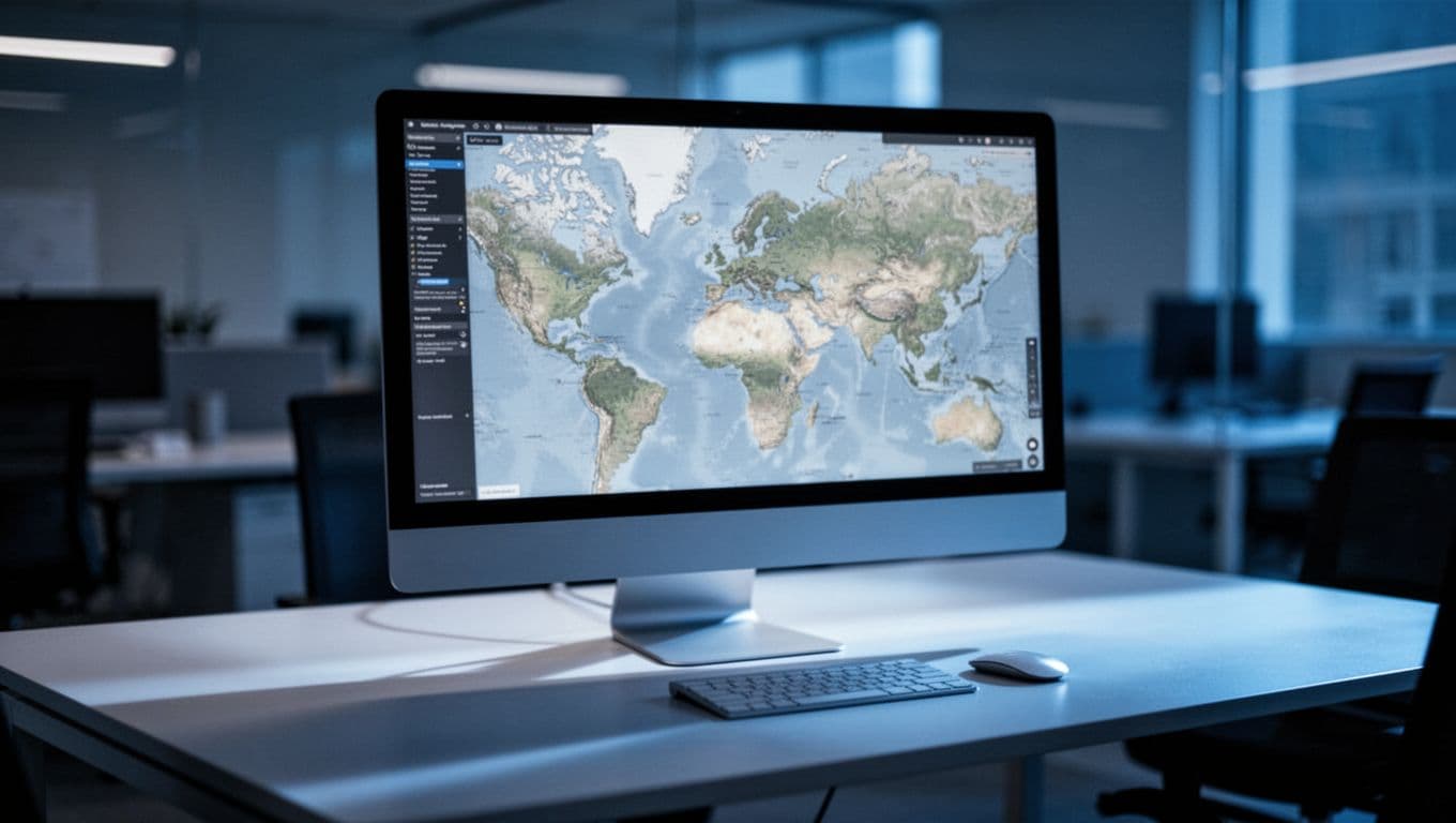 A dark workspace features a computer monitor displaying an intricate digital map interface. Blue neon accents highlight the desk surface, emphasizing a complex environment where data points appear scattered and mismatched.