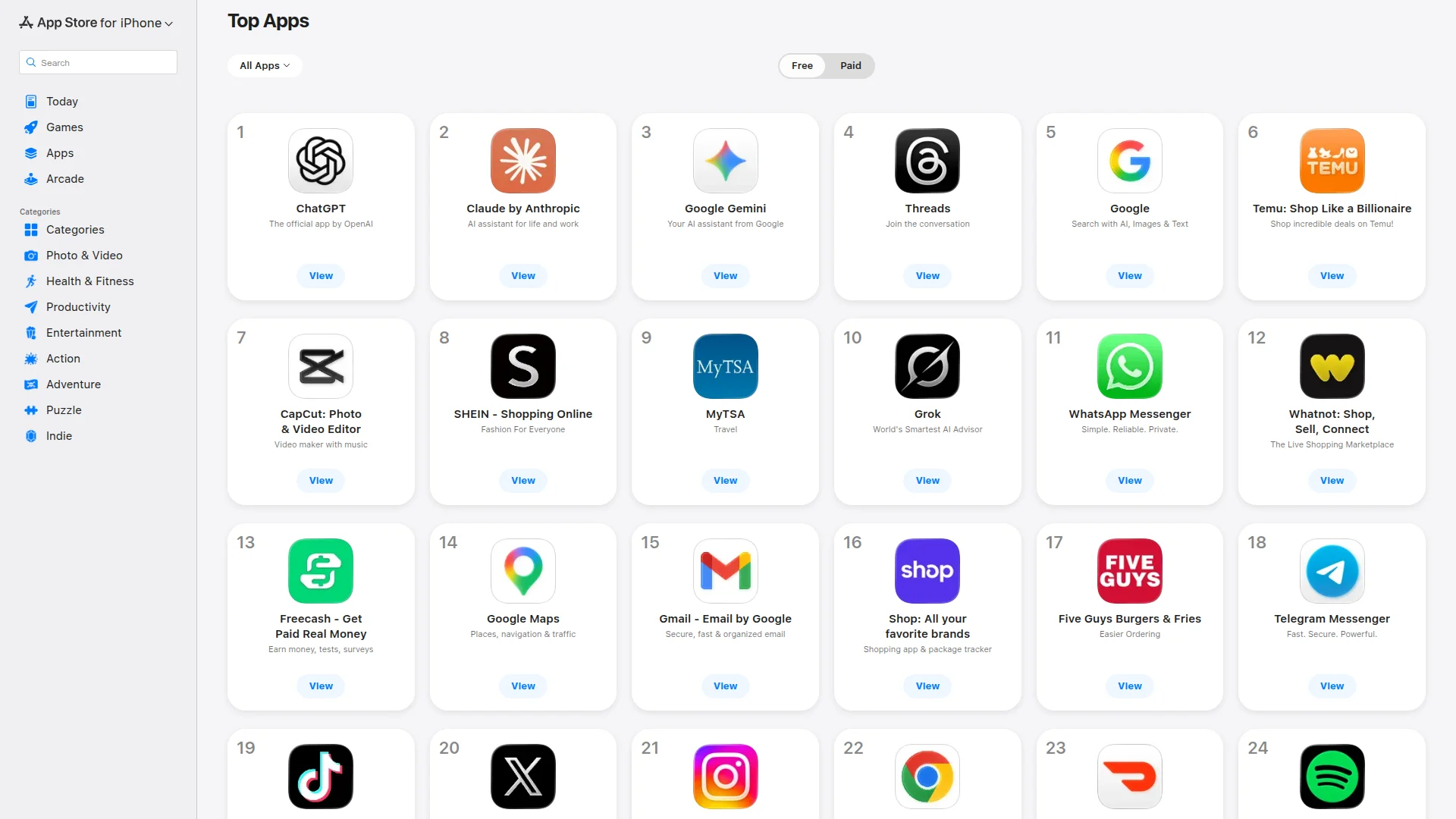 Apple App Store top charts page showing native app listings and rankings