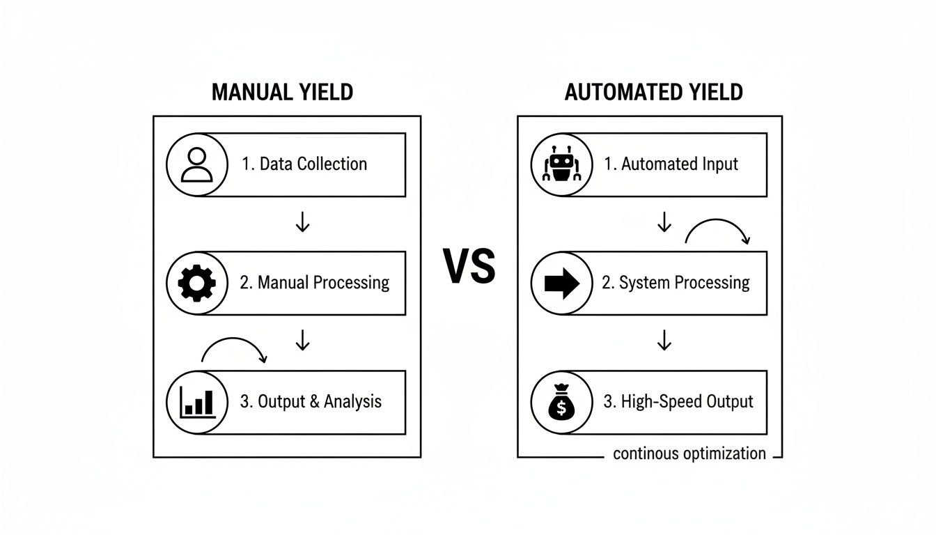 A diagram comparing manual yield with automated yield processes, detailing their distinct steps and benefits.