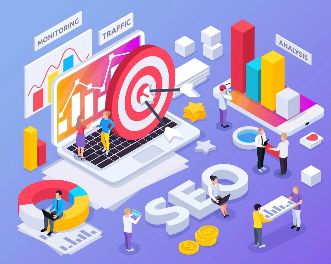 Isometric SEO dashboard with marketers analyzing traffic, charts, and performance targets