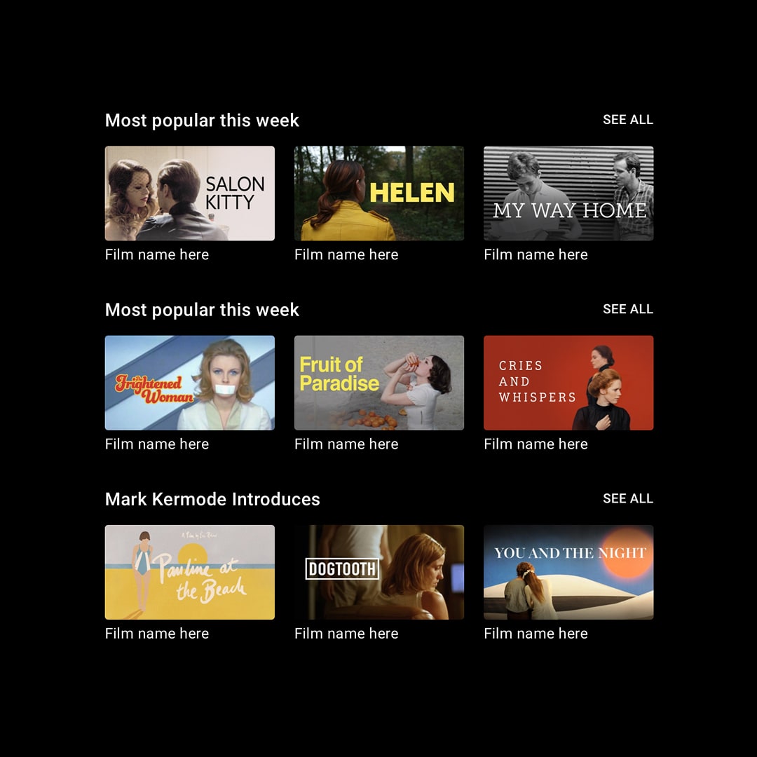 Discovery browse screen showing two "Most popular this week" carousels and a "Mark Kermode Introduces" section, each with three film thumbnails drawn from the BFI archive.