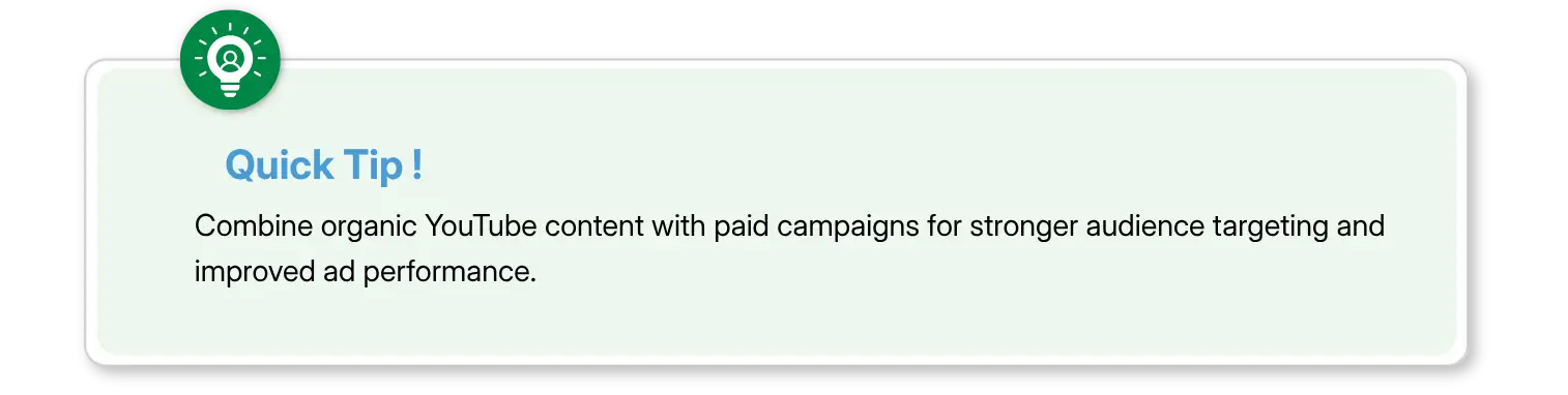 Quick tip graphic about combining organic YouTube content with paid ad campaigns