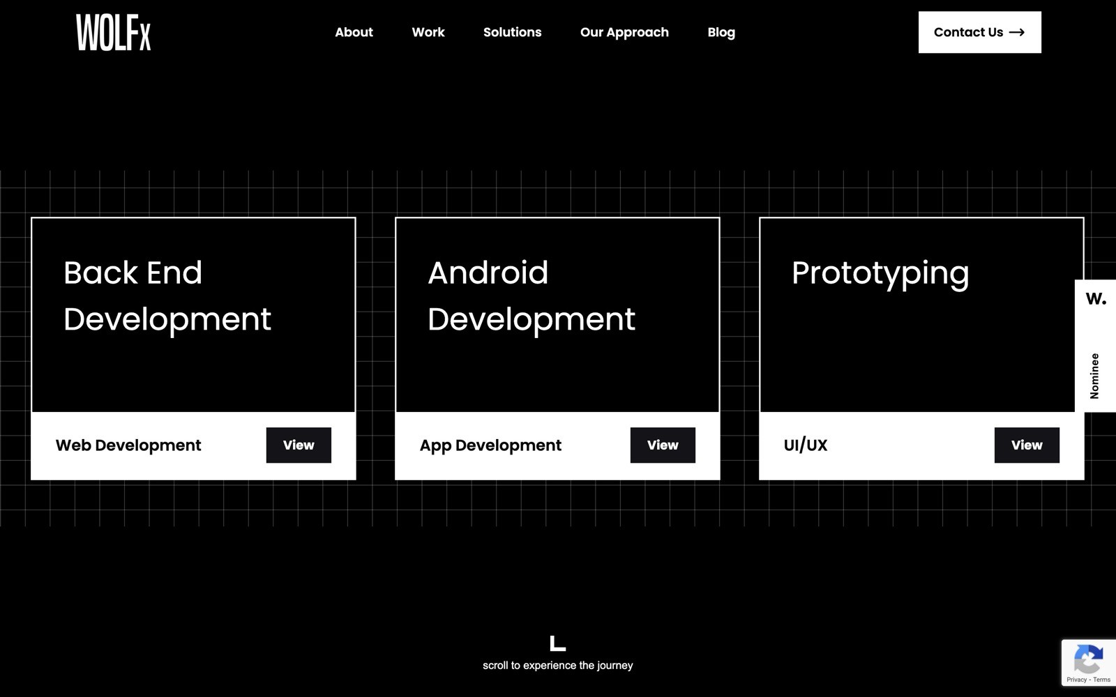 Grid layout with "Back End Development," "Android Development," "Prototyping" boxes; each has a "View" button. Text above reads: "WOLFx...