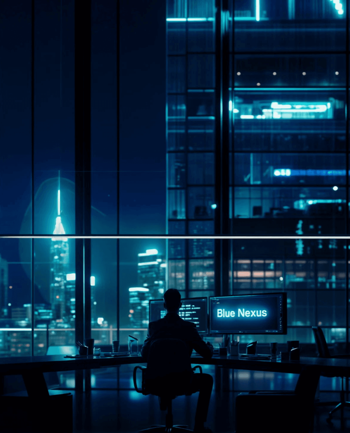 a man sitting in an office at night