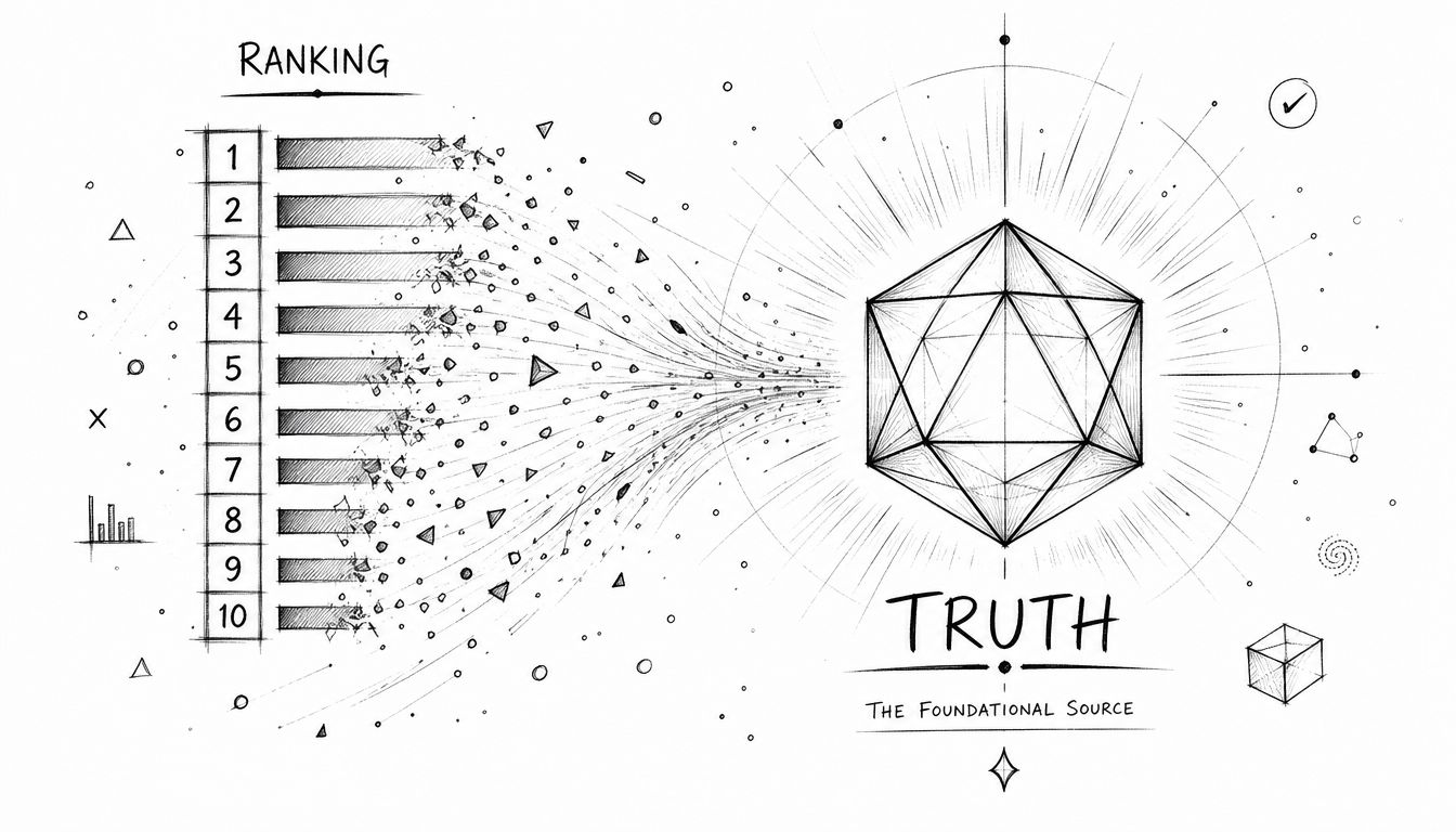 A conceptual illustration showing a ranked list of ten items converging into a single geometric truth.