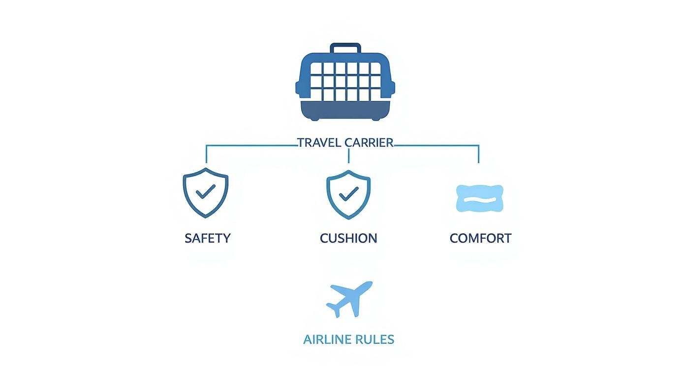 Travel carrier infographic showing safety, cushion, comfort features and airline rules compliance for pet transport