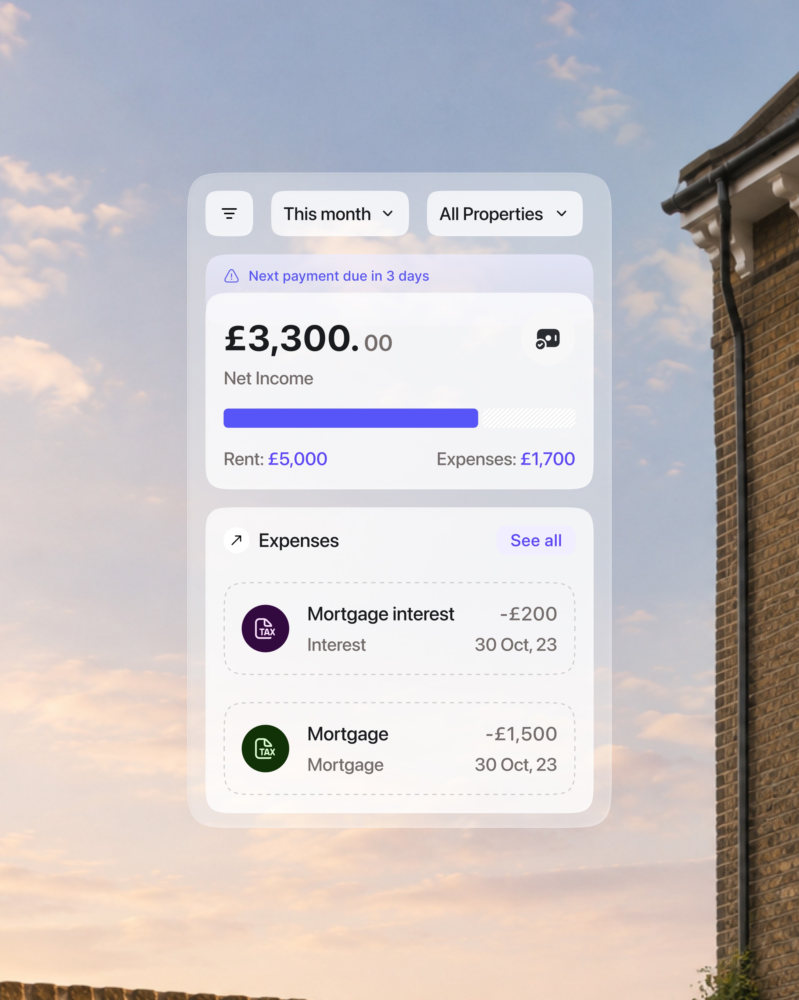 August finance dashboard showing income and expenses 