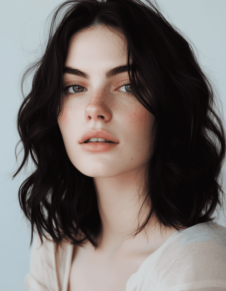 Close-up portrait of a young woman with shoulder-length wavy dark hair, light skin, and freckles.