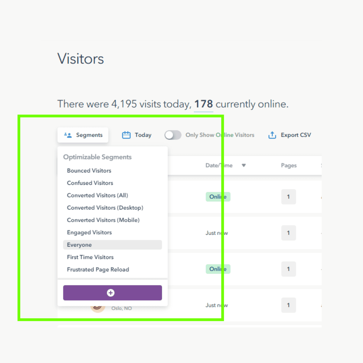 Lucky Orange Saved Segments Dropdown