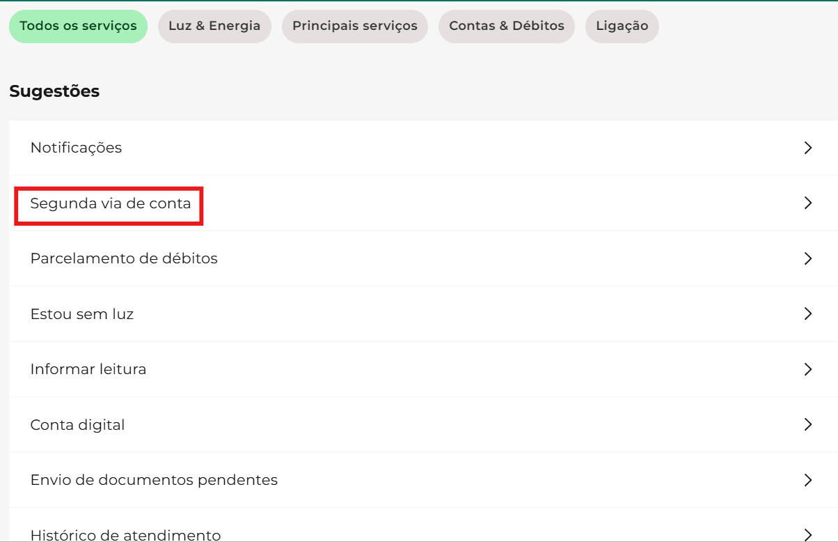 Página interna do portal cemig atende listando os serviços disponíveis