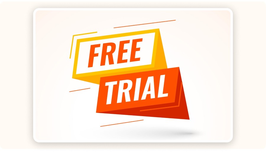 Bannière essai gratuit avec design promotionnel orange et jaune