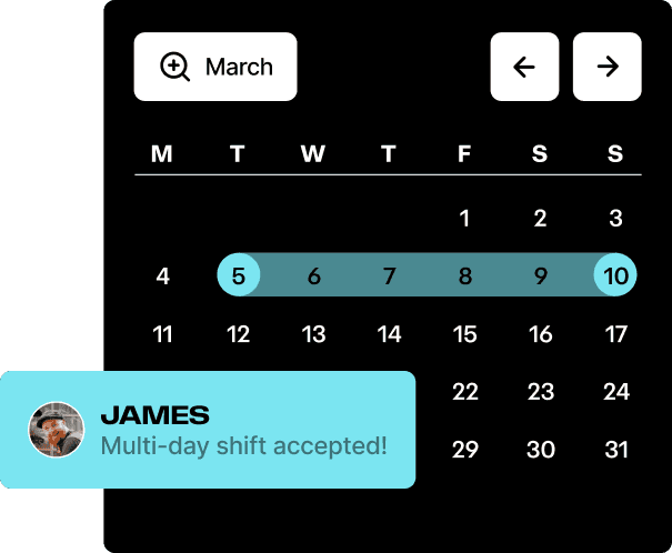 Calendar view for March showing a multi-day shift from the 5th to the 10th, with a notification that James accepted the shift