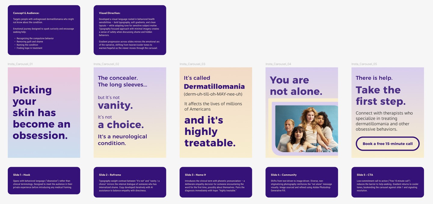 Five-slide Instagram carousel design for a dermatillomania awareness campaign, showing gradient backgrounds with bold typography progressing from emotional hook to call to action.