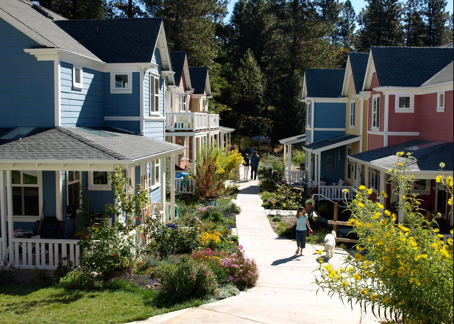 Modern cohousing neighborhood with shared paths and private homes designed for community living.