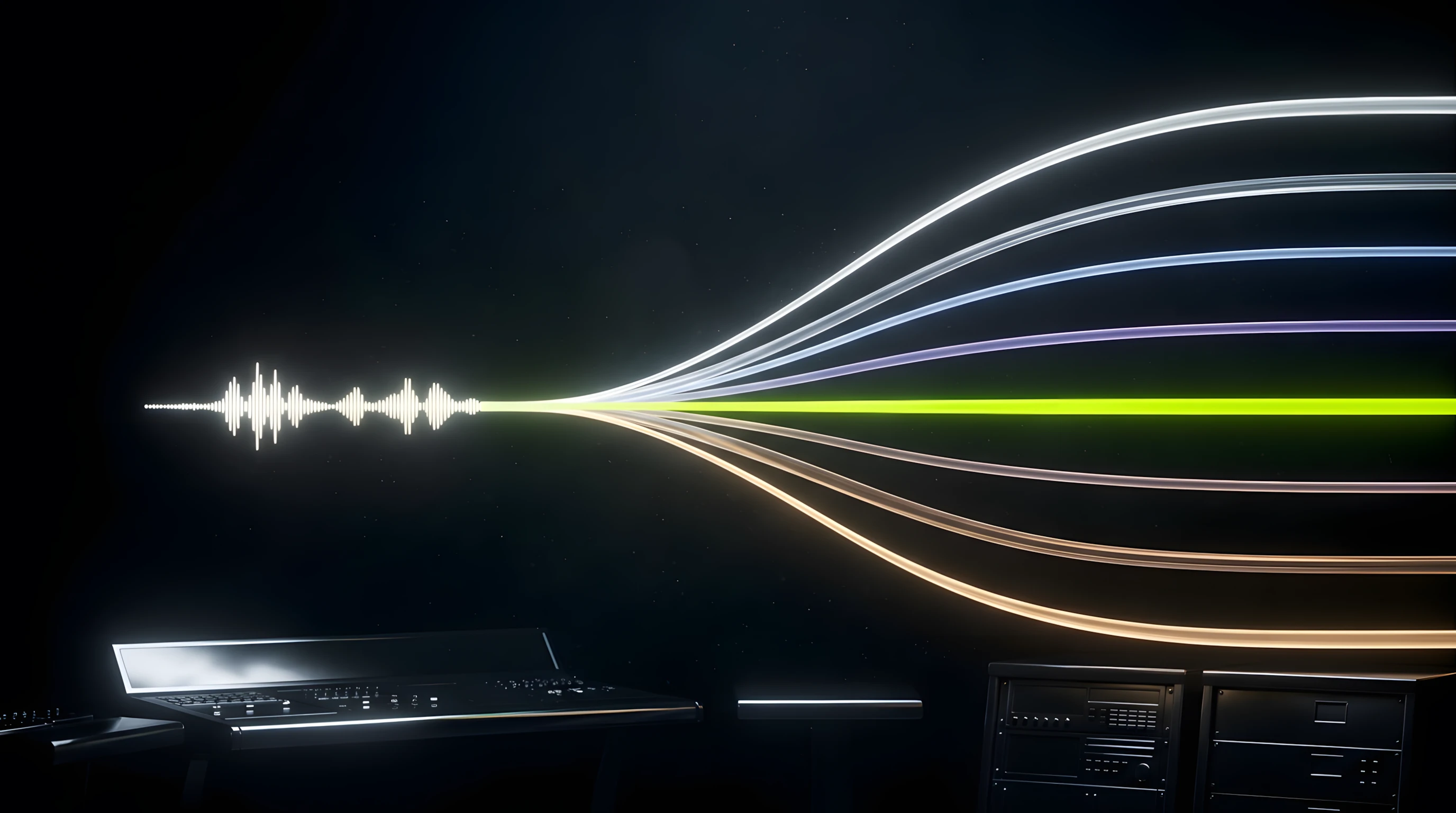 Bioluminescent Noir composition: a dark studio environment with a single floating waveform splitting into seven faint colored ribbons, deep void background, toxic lime accent on the central ribbon.