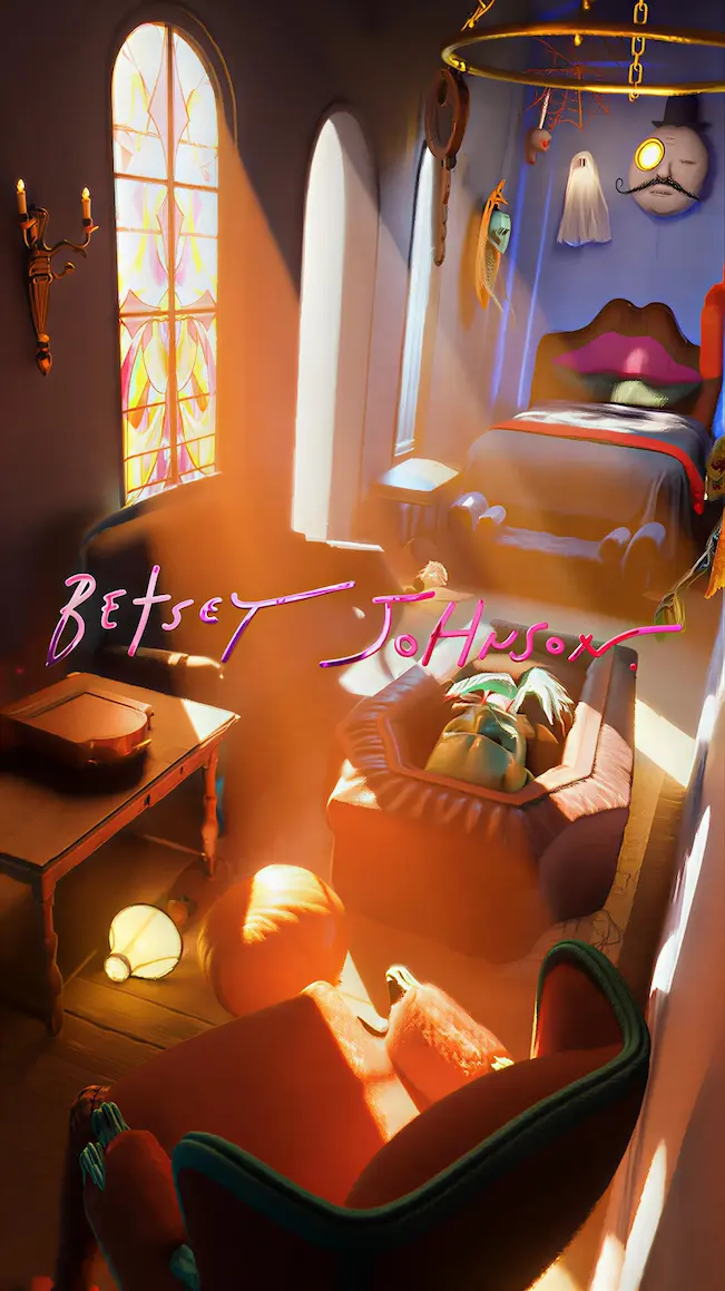 Sunlight streams into a gothic bedroom featuring a coffin in the center and a jack-o'-lantern