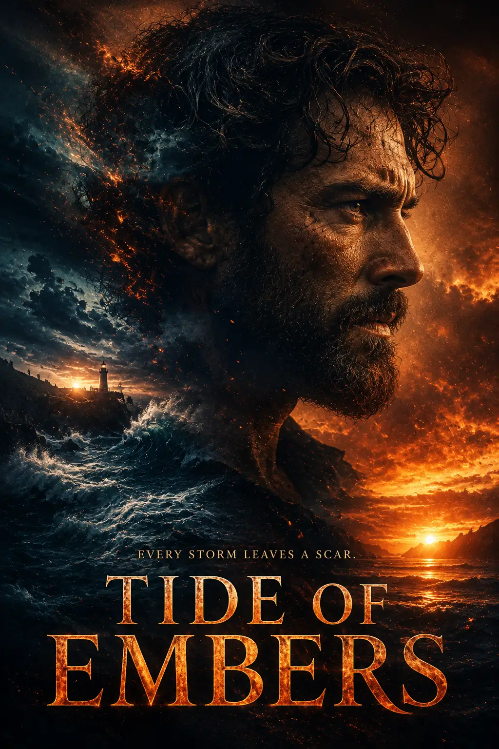AI-generated drama poster of a rugged man in profile, lit by fire and smoke against a stormy sky.