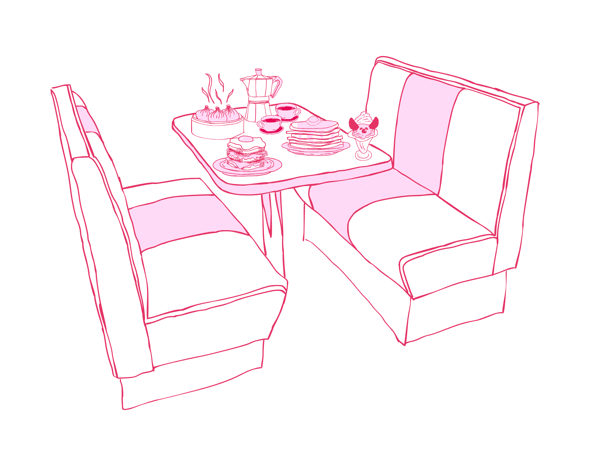 a stylized illustration of a diner tablescape with a milkshake, pancakes, a sandwich, and coffee