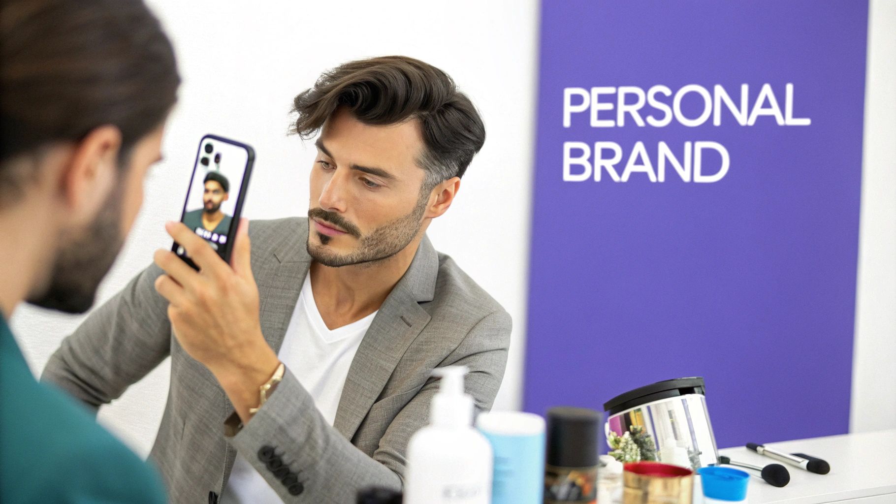 A stylish man in a blazer holds a phone showing another man, with a 'PERSONAL BRAND' sign.