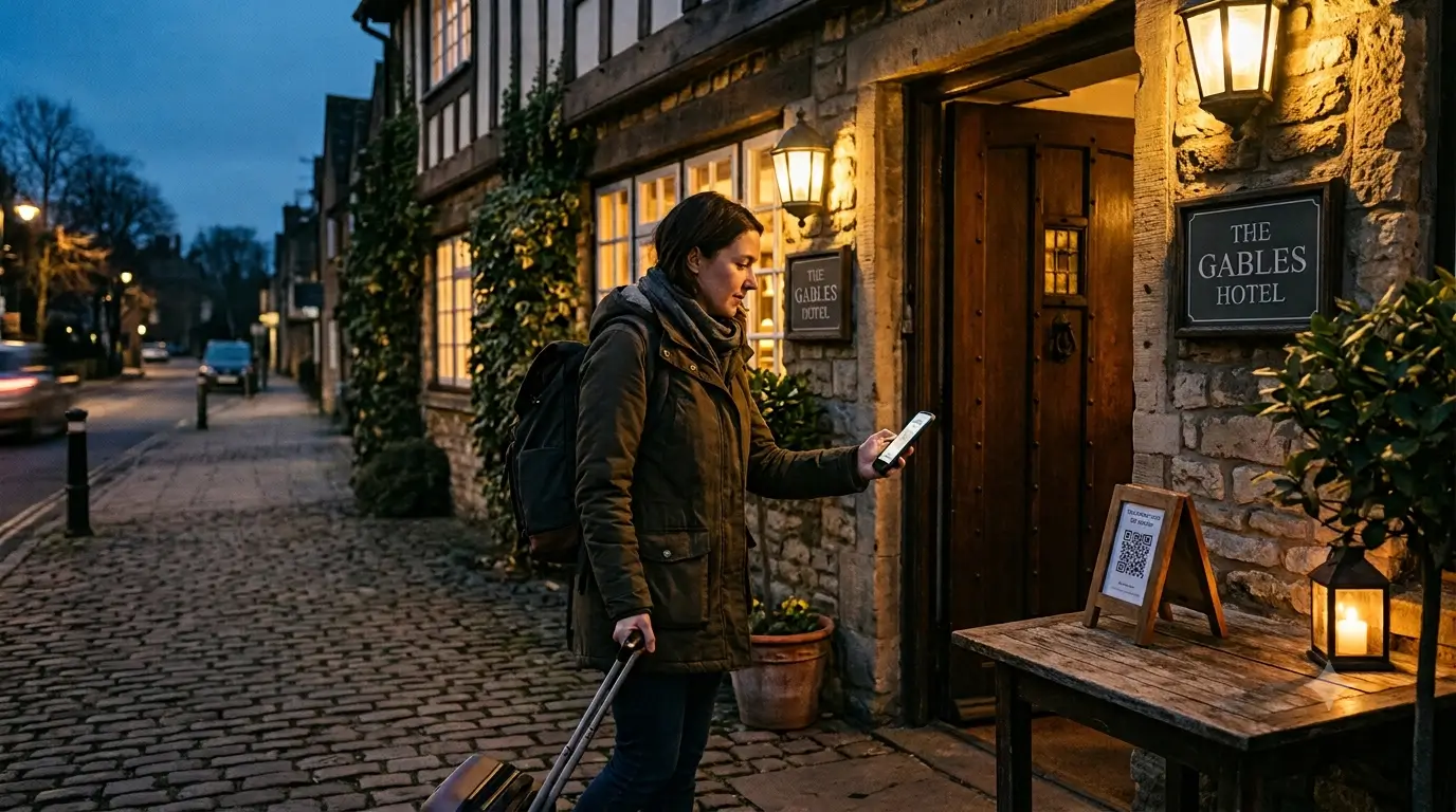 Hotel guest scanning a QR code at the entrance to open a digital arrival guide with the door code on their phone