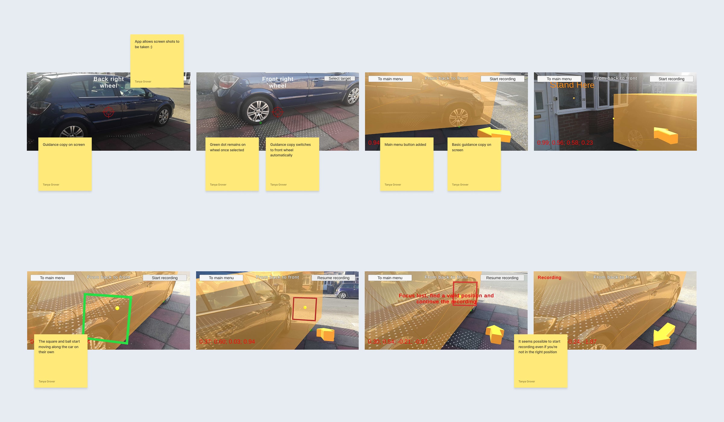 User testing session showing eight AR prototype screenshots of a vehicle scanning app annotated with sticky note observations, capturing feedback on wheel targeting, guidance copy, AR anchoring behaviour, and error states.