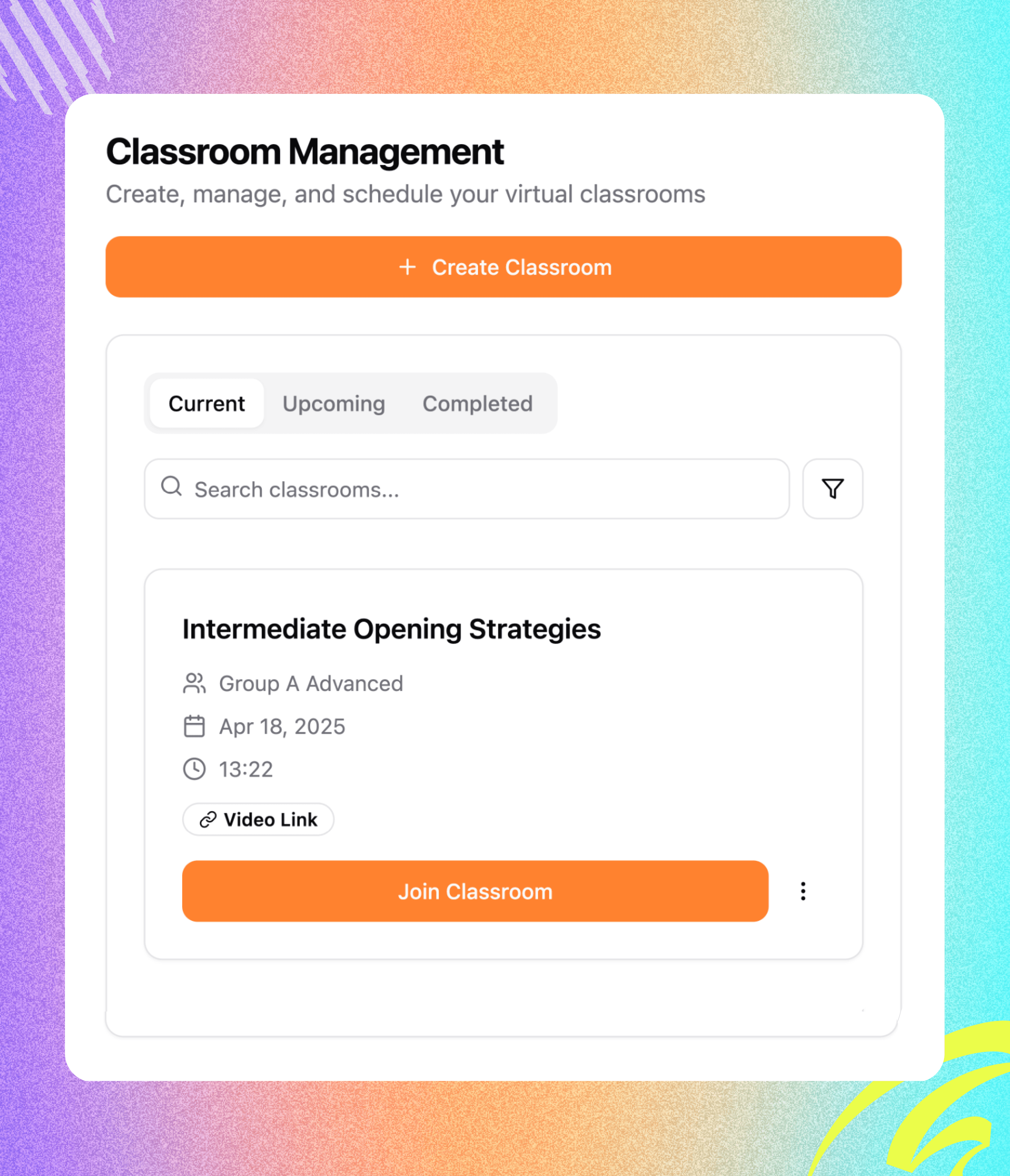 Chessplay.io-Virtual classroom management dashboard with scheduling.