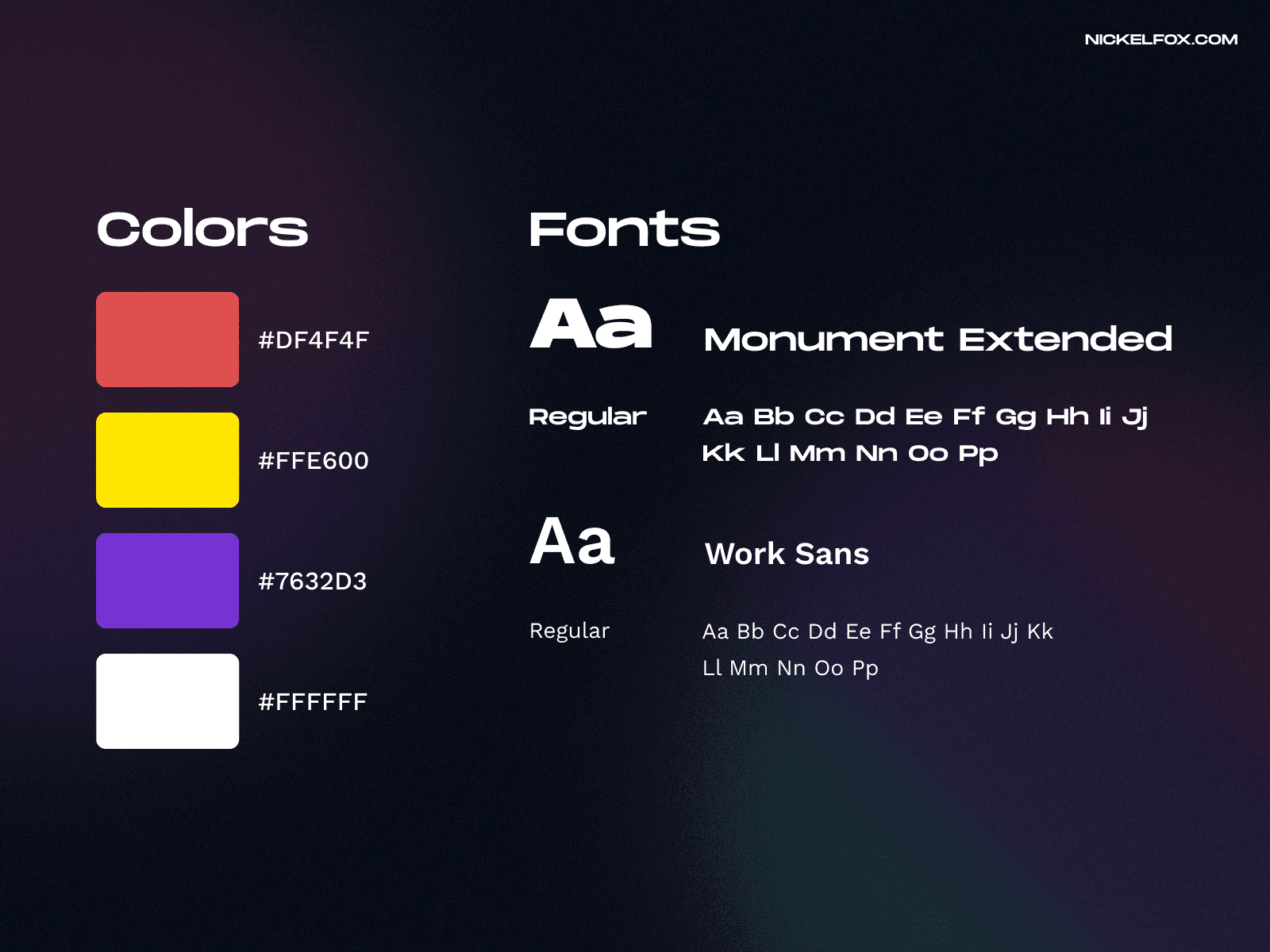 Colors and fonts for a design system, made by nickelfox.com