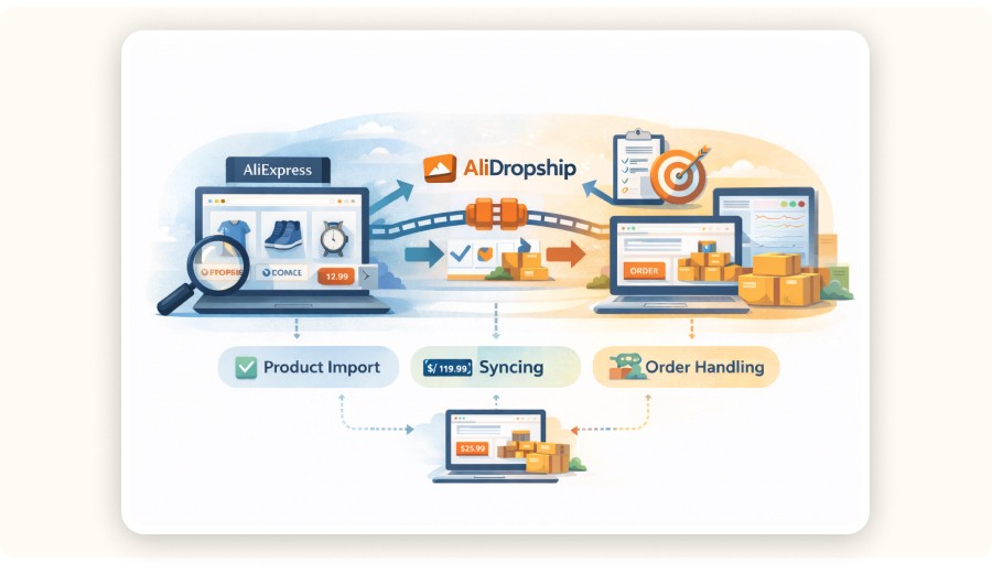 Illustration showing dropshipping workflow connecting product import, syncing, and order fulfillment