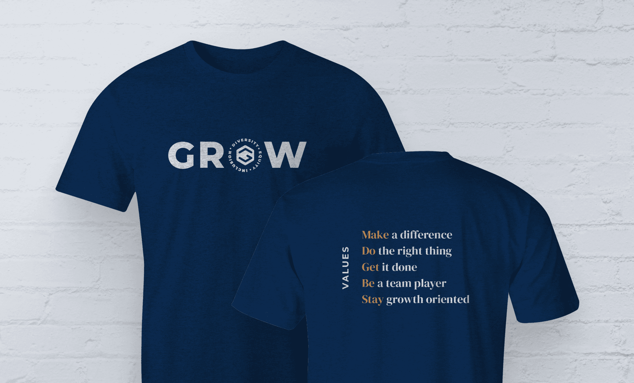 The front and back of a dark blue t-shirt displaying Gateway GROW principals