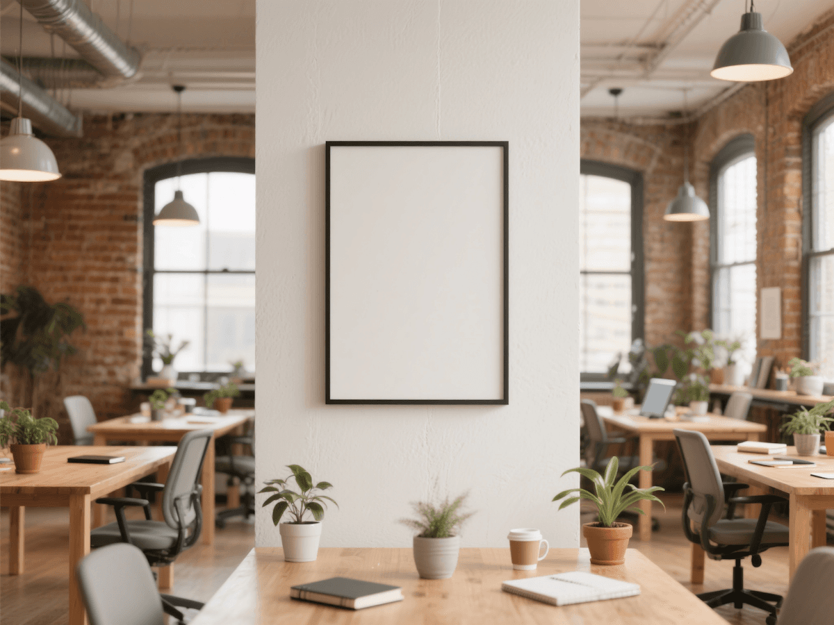 Airy industrial coworking space with exposed brick, wooden desks, and lush potted plants