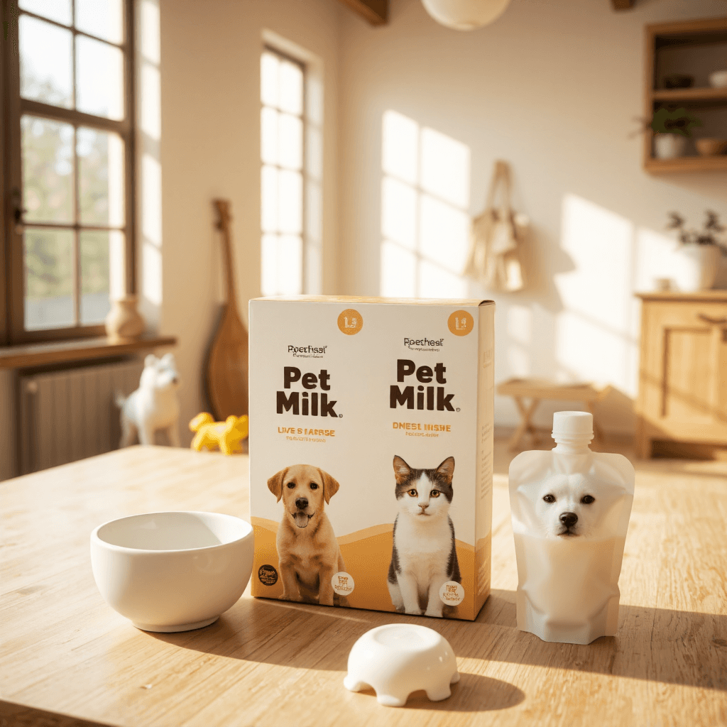 product photography of box of pet milk and pouches