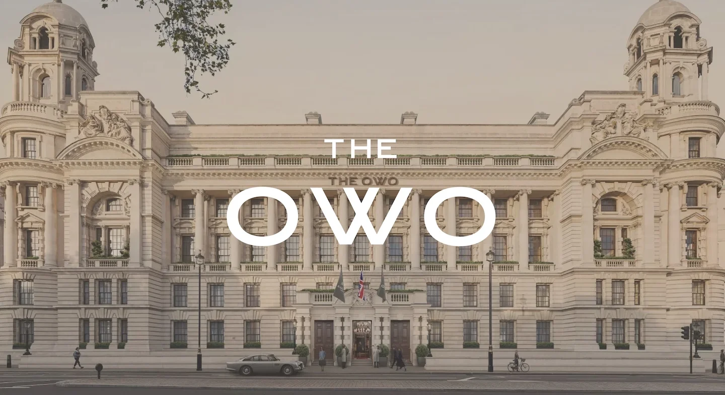 The historic Old War Office building in London with “The OWO” logo centred over the facade.